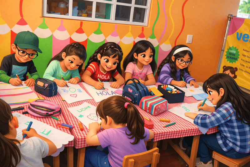 niños sentados trabajando con cuaderos en una mesa 