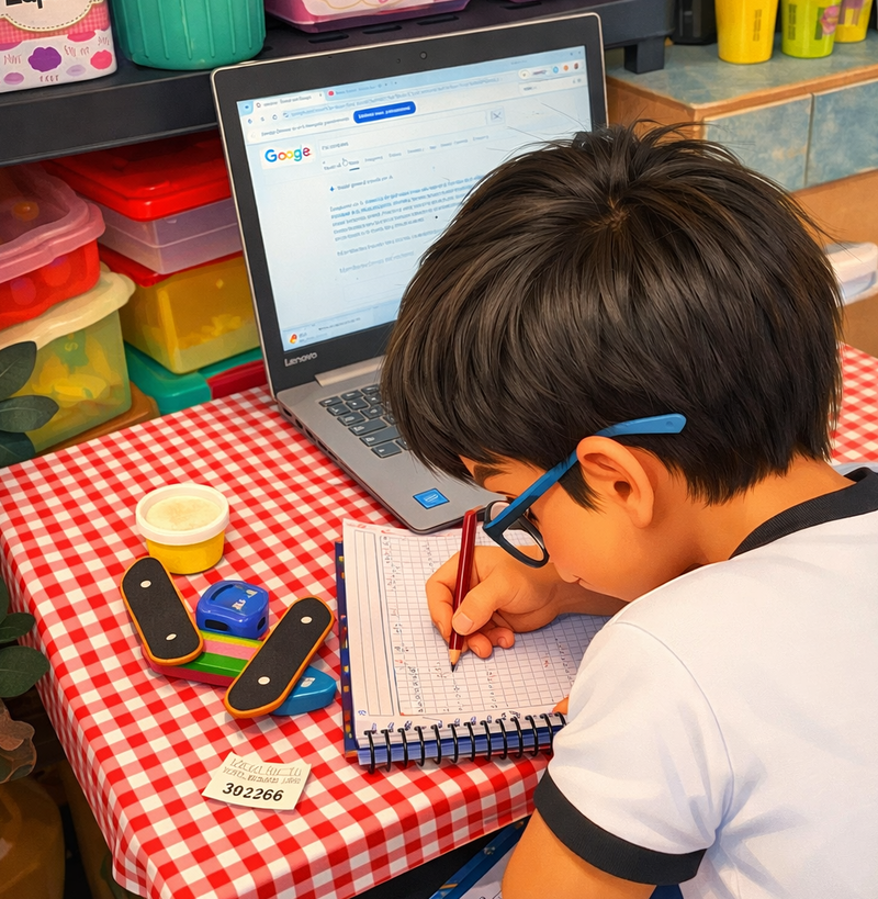 niño sentado frente una computadora, escribiendo en un cuaderno
