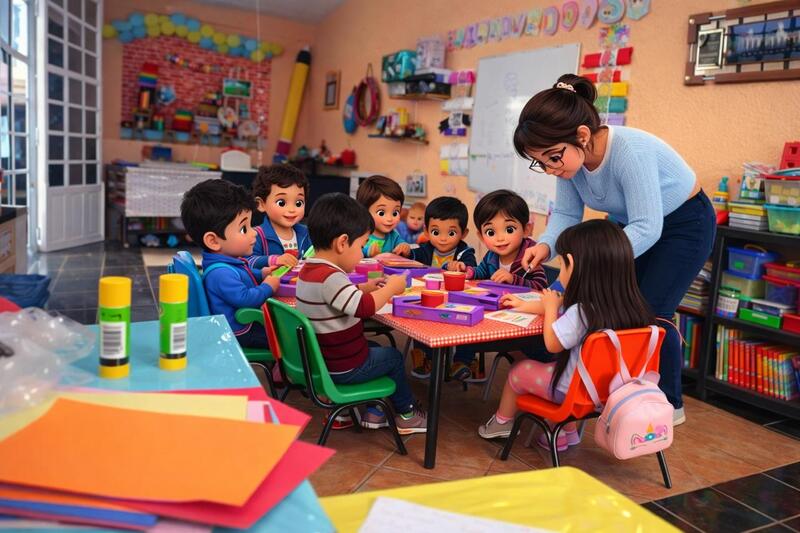 maestra trabajando con niños en un aula de clases