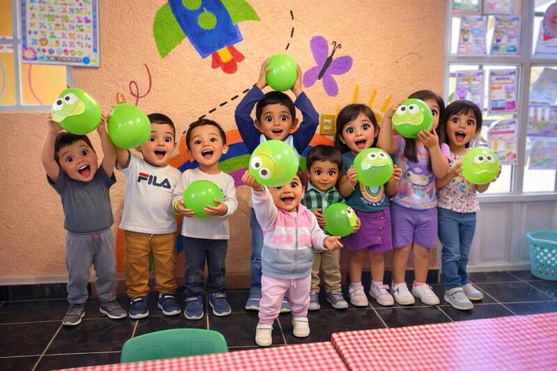 niños con globos en la mano saliendo de clases