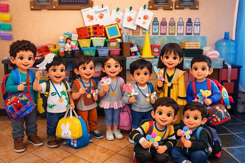 niños llegando a su aula de clases con mochila