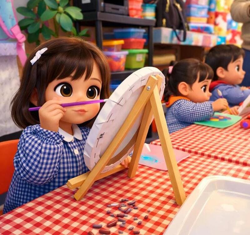 niña on uniforme de preescolar pintando en un caballete
